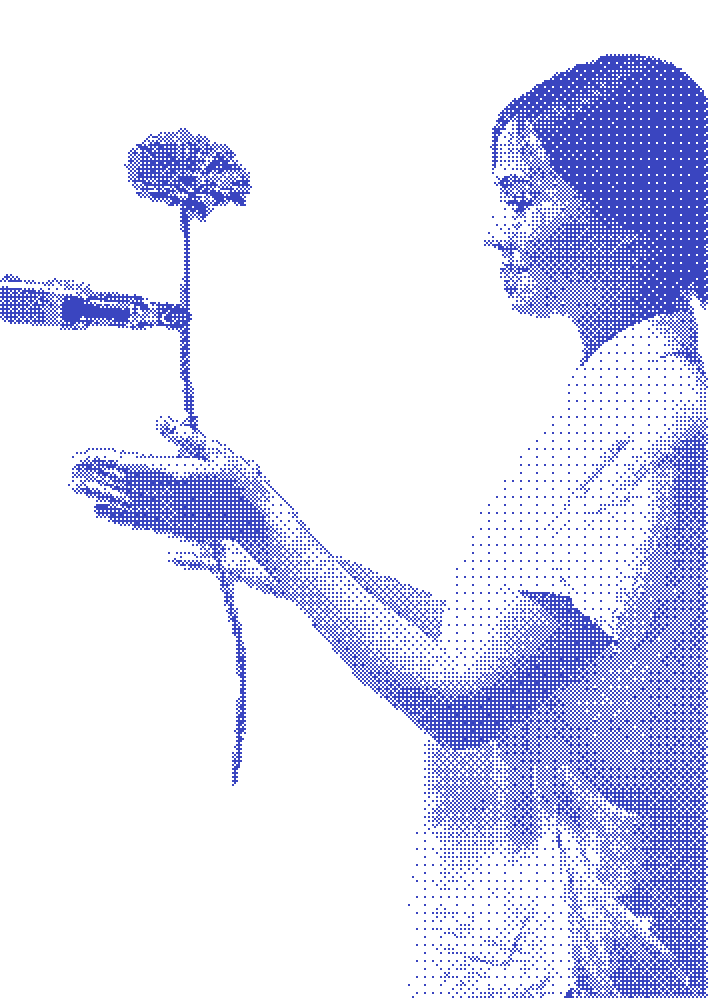 A robot arm offering a woman a flower, drawn in small squares